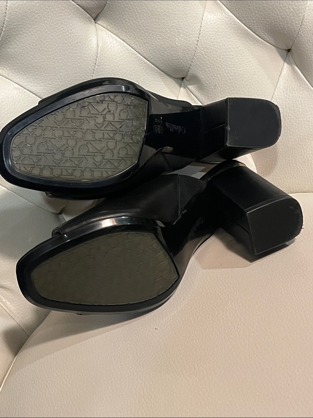 Calvin Klein Black Leather Open-Peep Block Heel Mules - Picture 10 of 14
